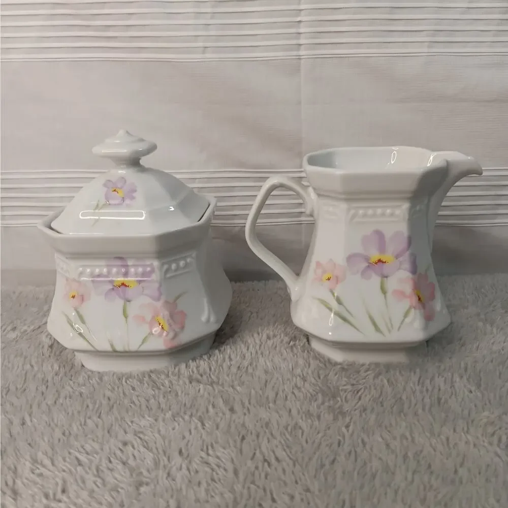 Mitterteich Floral Creamer and Sugar Dish Bowl with Lid White Purple Vintage